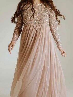 Maya Maternity long sleeve maxi tulle dress sequin pink gown